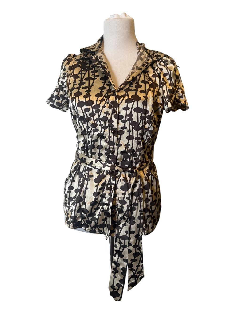 BCBG Maxazria Top Brown Tan Patterned Wrap Blouse Tie Belt Front Button Up